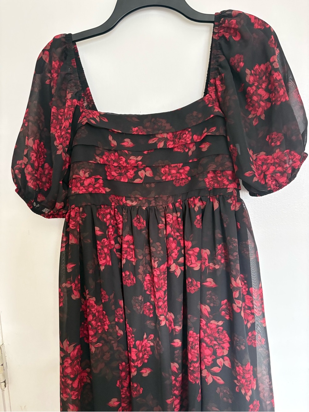Wallflower Black Maxi Dress with Red Floral Print and Puff Sleeves - Picture 3 of 7